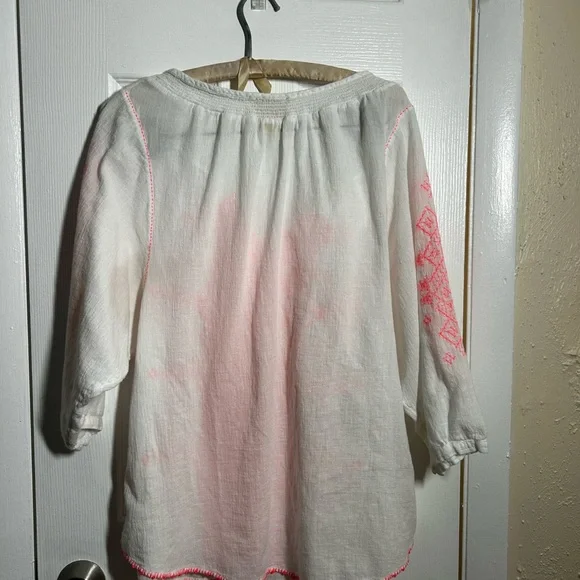 Maeve Anthropologie Sz 12 White Linen Boho Embroidered Blouse Pink Stitch - Picture 3 of 15